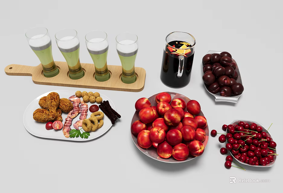 Food Assortment With Fried Chicken Sausages Donuts Nuts Plums Cherries And Refreshing Beverages On White Plates 3d model 