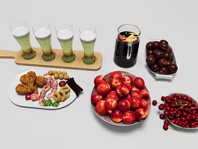 Food Assortment With Fried Chicken Sausages Donuts Nuts Plums Cherries And Refreshing Beverages On White Plates 3d model