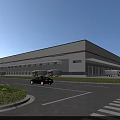 Modern Industrial Factory Building Exterior With Large Windows Parking Area And Road