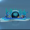 Wild Oceans Themed Display With Blue Water Scene Seaweed Ship Wheel And Lifebuoy