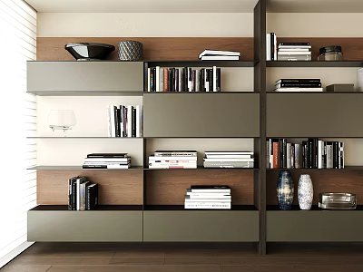 Modern Bookshelf Interior Design With Layered Shelves Books And Decorative Items 3d model