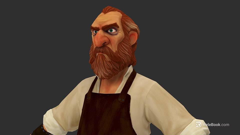 Game Movie Character Red Haired Bearded Man In White Shirt Brown Apron With Serious Expression 3d model 
