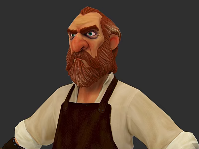 Game Movie Character Red Haired Bearded Man In White Shirt Brown Apron With Serious Expression 3d model