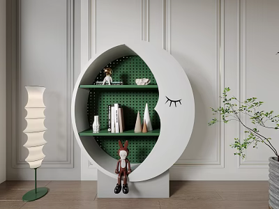White Moon Shaped Decorative Cabinet With Green Trees Books Figurines Floor Lamp And Potted Plant 3d model