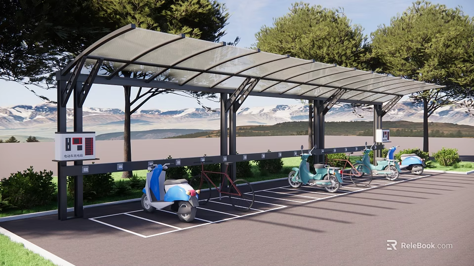 Outdoor Canopy Covered Bicycle And Electric Scooter Parking Area With Trees And Mountain Lake View 3d model 