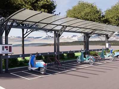 Outdoor Canopy Covered Bicycle And Electric Scooter Parking Area With Trees And Mountain Lake View 3d model