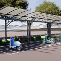 Outdoor Canopy Covered Bicycle And Electric Scooter Parking Area With Trees And Mountain Lake View