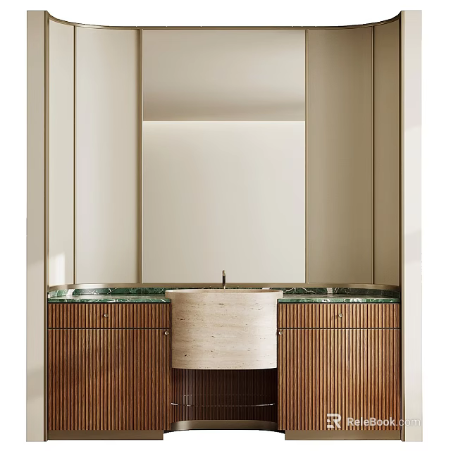 Modern Bathroom Vanity Cabinet With Wooden Cabinetry Green Marble Countertop Sink And Mirror 3d model 