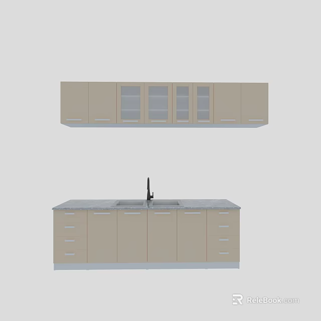 Upper And Lower Beige Kitchen Cabinets With Countertop Sink And Storage 3d model