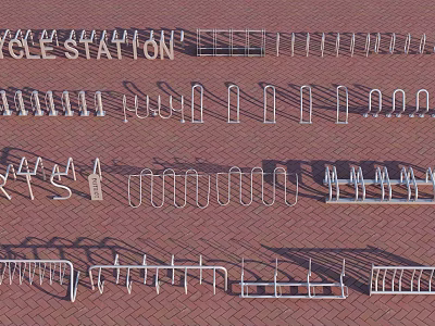 Cycle Station With Metal Bicycle Racks Arranged On Brick Pavement 3d model