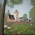 Classic Detached Villa With Tower Structure Surrounded By Trees And Green Lawn
