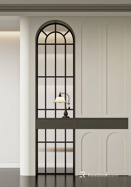 Modern Black Grid Room Divider With Table Lamp On Dark Countertop And White Wall 3d model 
