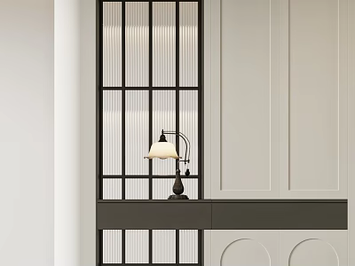 Modern Black Grid Room Divider With Table Lamp On Dark Countertop And White Wall 3d model