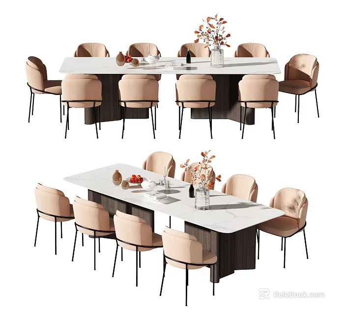 Modern Dining Table Set With Marble Top Light Colored Chairs Decorative Vase And Fruit Platter 3d model