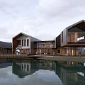 Modern Waterfront Architecture With Unique Roof Design Glass Windows And Reflection On Water 3d model