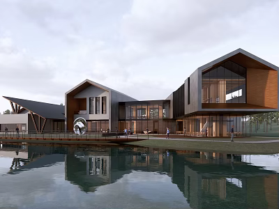 Modern Waterfront Architecture With Unique Roof Design Glass Windows And Reflection On Water 3d model
