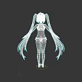 Game and Movie Female Character With Blue Gradient Twin Ponytails Back View