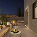 Serene Courtyard Garden Featuring Outdoor Dining Table Chairs Large Umbrella Stone Walls And Evening Lighting