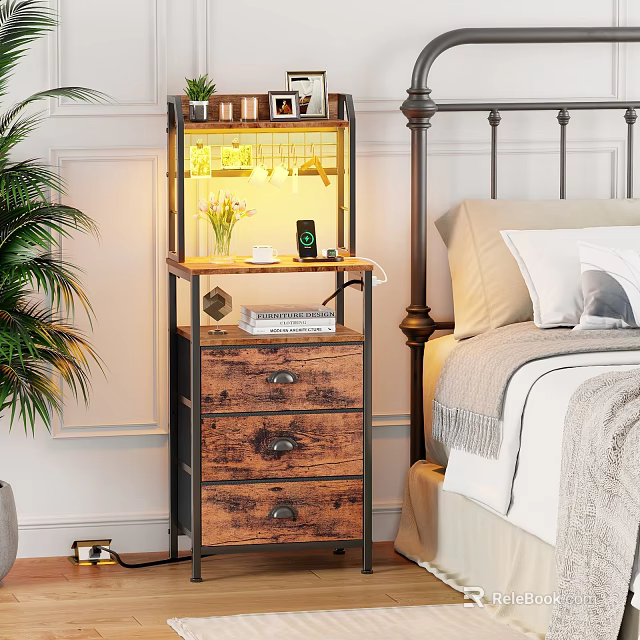 Bedroom Shelving Unit With Wooden Drawers Lamp And Decorative Items Near Bed 3d model 