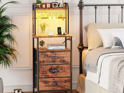 Bedroom Shelving Unit With Wooden Drawers Lamp And Decorative Items Near Bed 3d model