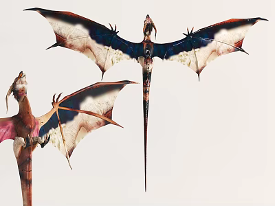 Mythical Flying Creatures with Vibrant Red and White Wings in Flight Stance 3d model