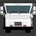 White Mail Truck With Blue Logo And Red Blue Stripes On Body