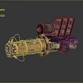 Futuristic Mechanical Weapon With Multi Barrel Design Red Yellow Stripes And Heavy Base