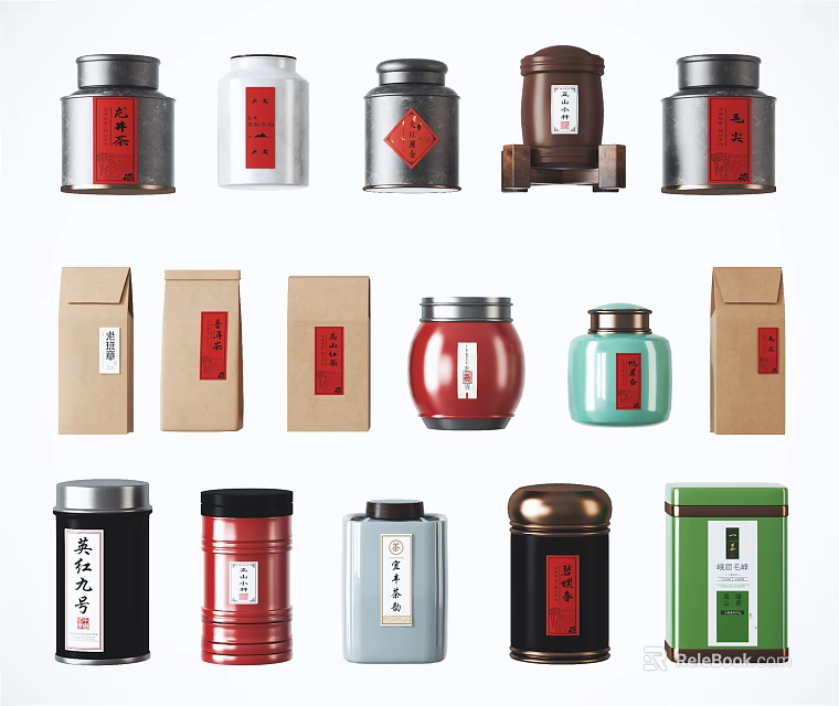 Traditional Ceramic Vessels In Various Colors With Storage Jars And Packaging Boxes 3d model