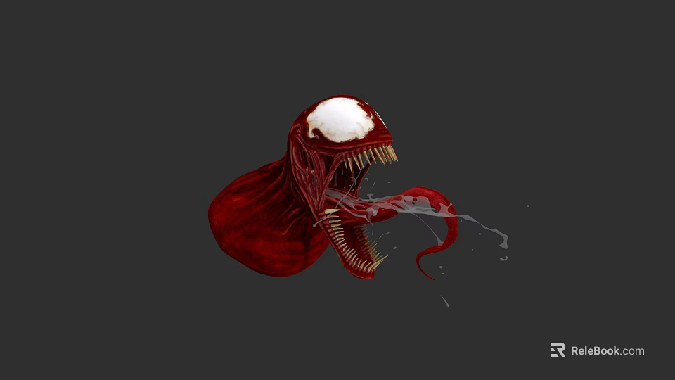 Venom Game Movie Character With Red Body White Eyes Open Mouth Sharp Fangs And Liquid Splash Effect 3d model 
