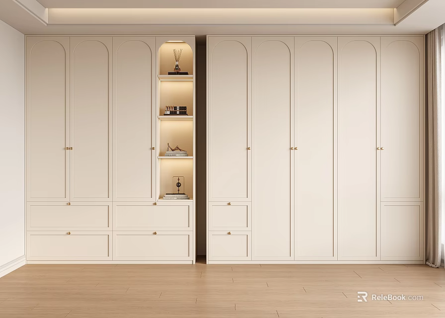 Modern White Built in Wardrobe With Open Shelves Gold Handles And Drawers 3d model 