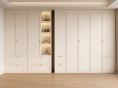 Modern White Built in Wardrobe With Open Shelves Gold Handles And Drawers 3d model