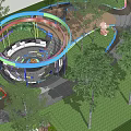 Vibrant Park Landscape Featuring Circular Playground Colorful Pathways Green Lawn and Trees