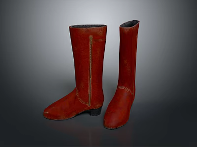Red Leather Long Boots With Stitched Detail And Classic Style For Daily Wear 3d model