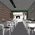 Bright Modern Restaurant Interior With White Tables Chairs Pendant Lights And Wall Decor