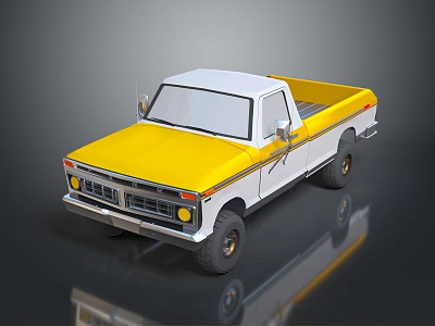 Yellow And White Classic Pickup Truck With Retro Design And Reflective Surface 3d model