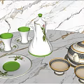 Elegant White Tableware Set With Green Trim And Floral Patterns On Marble Surface