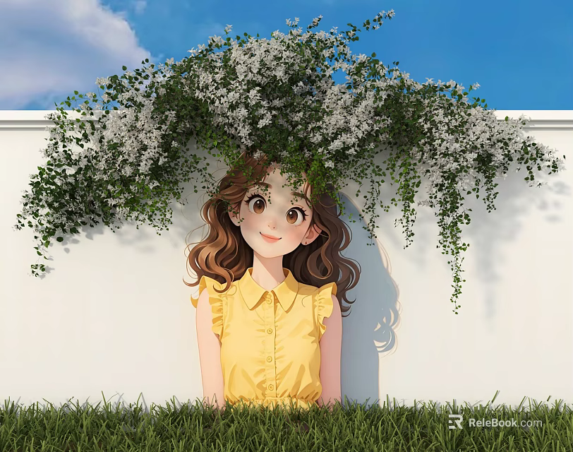 Cheerful Girl in Yellow Blouse Under White Flowering Vines Against White Wall With Green Grass 3d model 