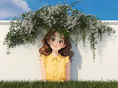 Cheerful Girl in Yellow Blouse Under White Flowering Vines Against White Wall With Green Grass 3d model