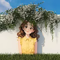 Cheerful Girl in Yellow Blouse Under White Flowering Vines Against White Wall With Green Grass