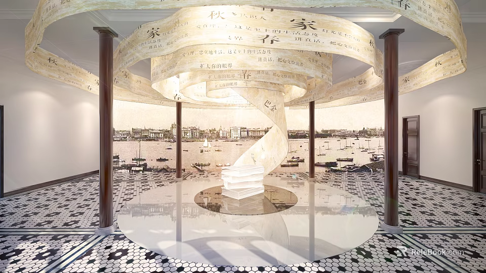 Museum Exhibition Hall With Spiral Character Band And Marble Floor Design 3d model 