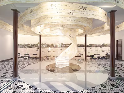 Museum Exhibition Hall With Spiral Character Band And Marble Floor Design 3d model