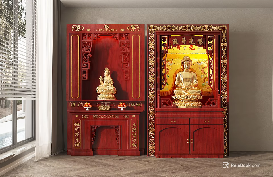 Traditional Red Buddhist Altar Cabinet With Golden Buddha Statue And Carvings 3d model 