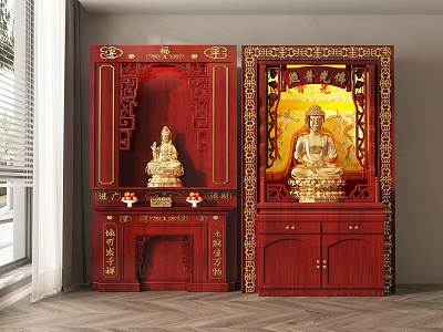 Traditional Red Buddhist Altar Cabinet With Golden Buddha Statue And Carvings 3d model