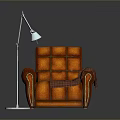 Modern Orange Leather Single Sofa Interior With Plaid Blanket On Wooden Floor