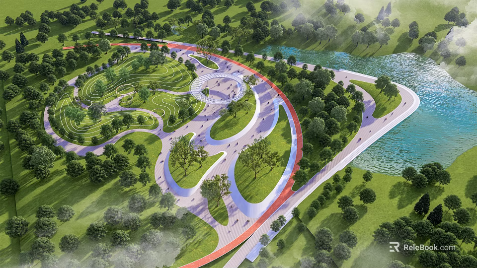 Scenic Park Landscape With Green Lawns Trees Winding Paths And Water View 3d model 