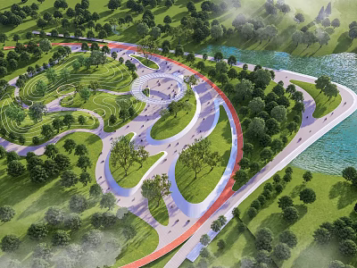 Scenic Park Landscape With Green Lawns Trees Winding Paths And Water View 3d model
