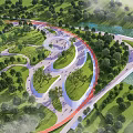Scenic Park Landscape With Green Lawns Trees Winding Paths And Water View