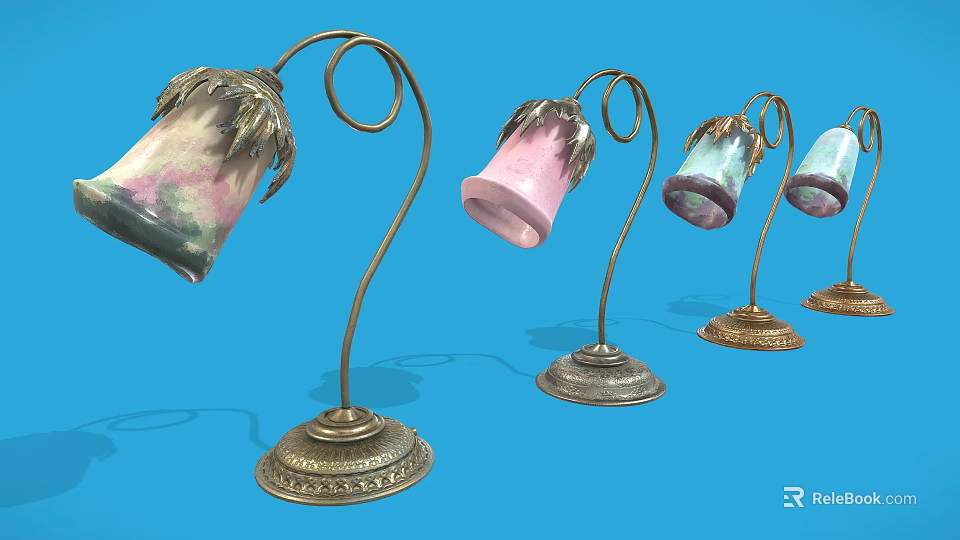 Artistic Table Lamps With Curved Metal Stems And Colorful Glass Shades 3d model 