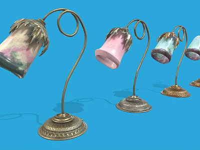 Artistic Table Lamps With Curved Metal Stems And Colorful Glass Shades 3d model