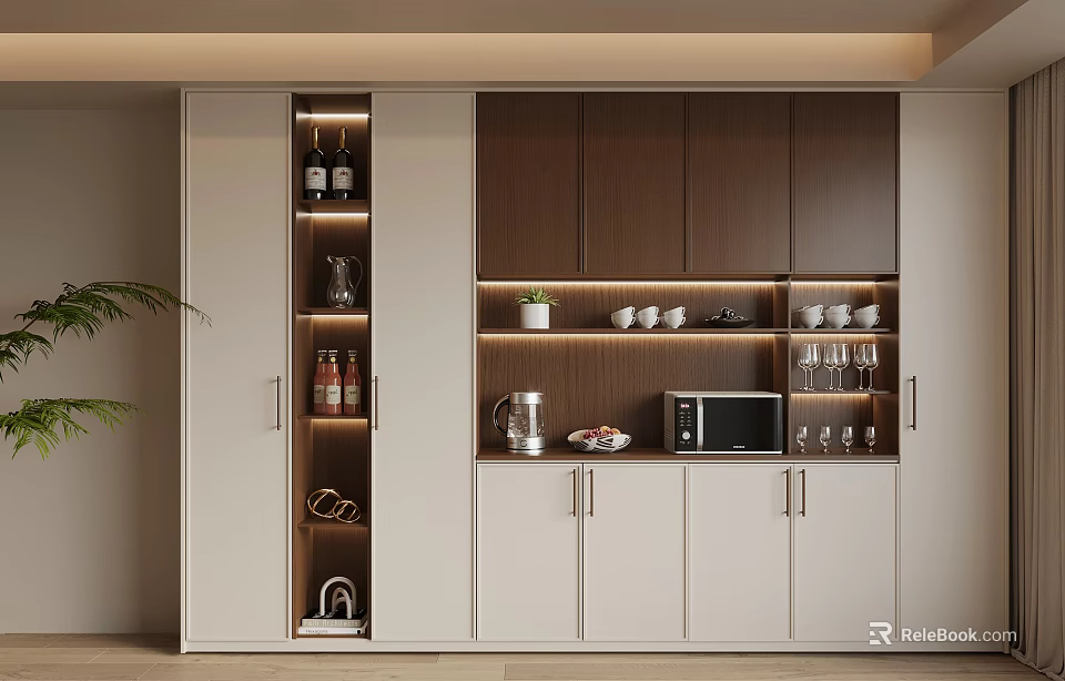 Modern Wine Cabinet With White Brown Storage For Wine Bottles Glassware Coffee Machine Microwave 3d model 